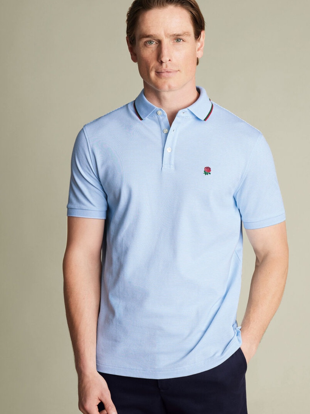 Charles tyrwhitt England Rugby Stripe Pique Polo - Sky Blue